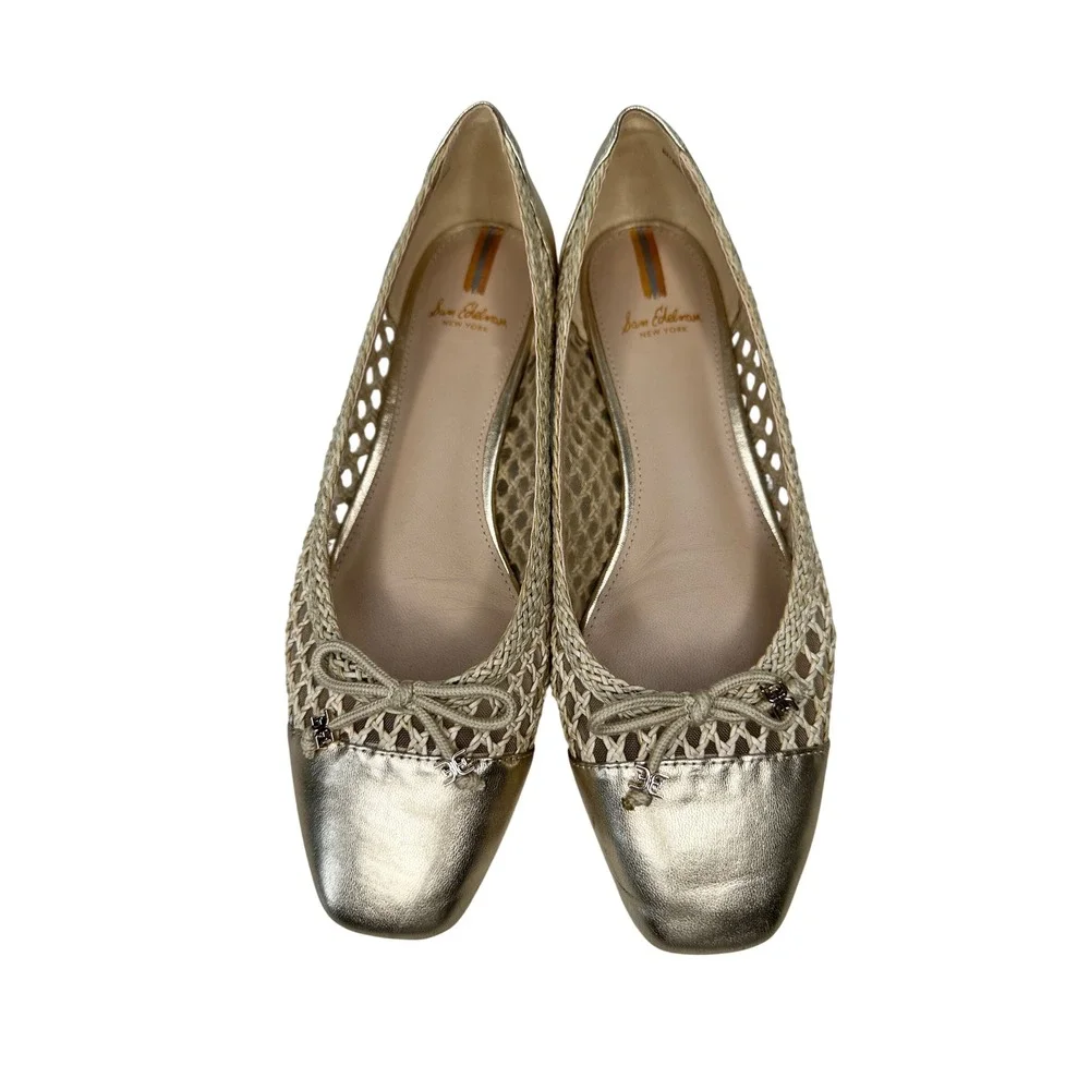 Sam Edelman May Ballet Flats Woven Mesh Square Toe Size 8M Gold Metallic Bow